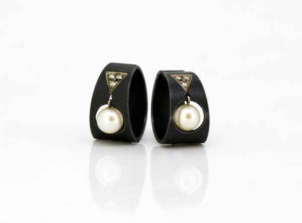 Vintage Marsh & Co. Steel Diamond Cultured Pearl and White Gold Earrings circa 1930's