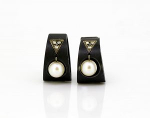 Vintage Marsh & Co. Steel Diamond Cultured Pearl and White Gold Earrings circa 1930's