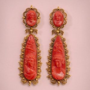 Antique Georgian Carved Coral Cameo Drop Earrings; drops depict Amor and Psyche, top parts decorated with two smaller cameos, detachable drops, 15ct gold