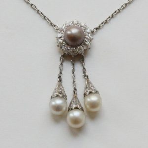Antique Tiffany and Co Diamond, Pearl and Platinum Necklace; natural grey pearl and old-cut diamond cluster, with three natural white pearl drops, Signed