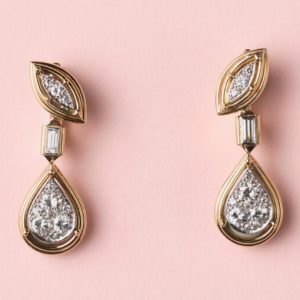 Vintage Cartier Diamond, 18ct Gold and Platinum Drop Earrings; diamond-set marquise shaped element suspends baguette-cut diamond and diamond-set pear drop