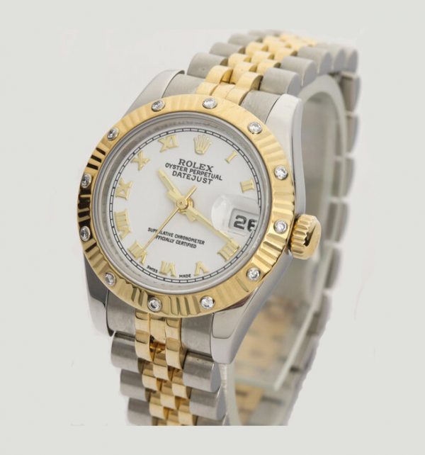Rolex Oyster Perpetual Lady Datejust 179313 Watch; 26mm steel and gold case, diamond bezel, white face, Roman numerals, date indicator, sapphire crystal, steel and gold Jubilee bracelet, Rolex box and papers