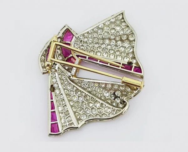 Vintage Ruby and Diamond Bow Brooch, 18ct white gold, Circa 1960, Signed by the Italian designer Gioielli Petochi