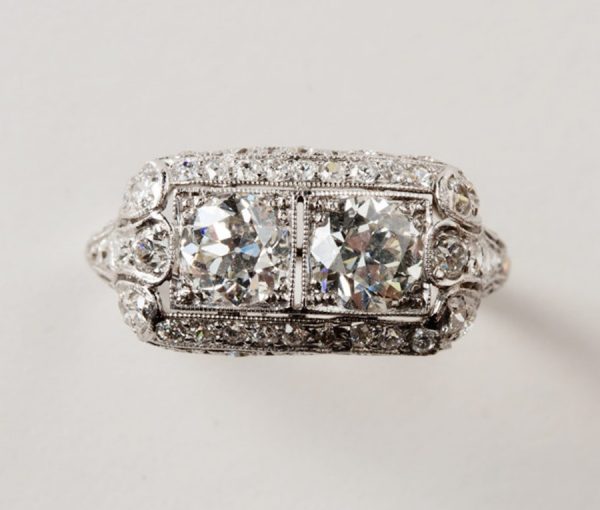 Antique Edwardian Old Cut Diamond and Platinum Plaque Ring; set with two old cut diamonds, 1.00ct, square setting, diamond set sides, c.1915
