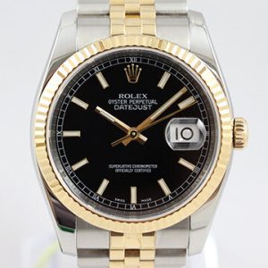Rolex Oyster Perpetual Mens Datejust 116223; stainless steel and gold 36mm case and jubilee bracelet, black dial, sapphire crystal, date indicator, automatic, Rolex box and papers