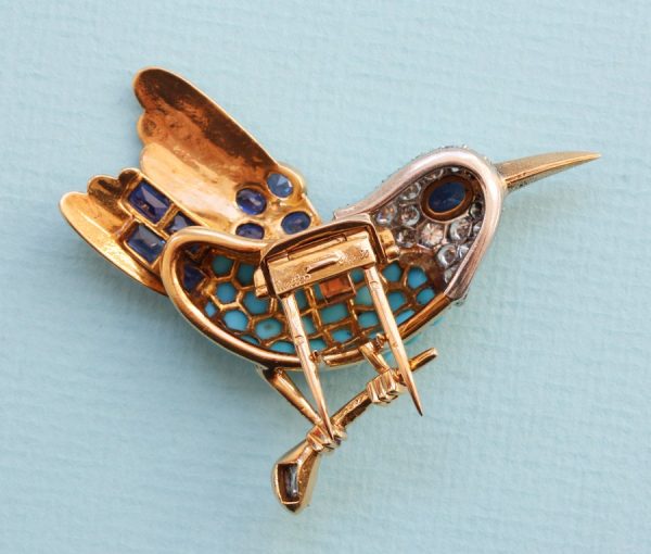 Cartier Vintage Turquoise, Diamond and Sapphire Bird Brooch, Signed and numbered 012386, Circa 1950-1960.