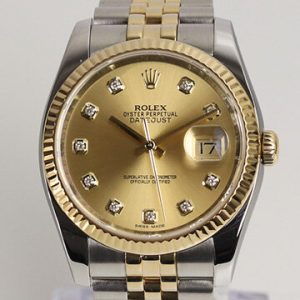 Rolex Mens Datejust 116233 Watch; 36 mm steel and gold case, champagne dial, date indicator, diamond hour markers, sapphire crystal, automatic movement, Steel and Gold Jubilee bracelet with Crownclasp, with Rolex box.