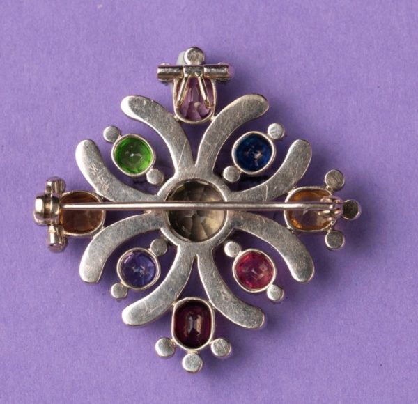 Antique 19th Century Harlequin Gem Set Maltese Cross Pendant Brooch