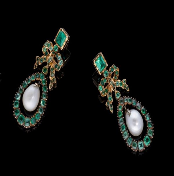 Antique Georgian Emerald Natural Pearl Drop Earrings