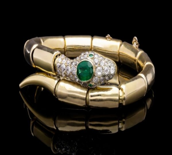Antique Victorian Emerald and Diamond Gold Snake Bracelet