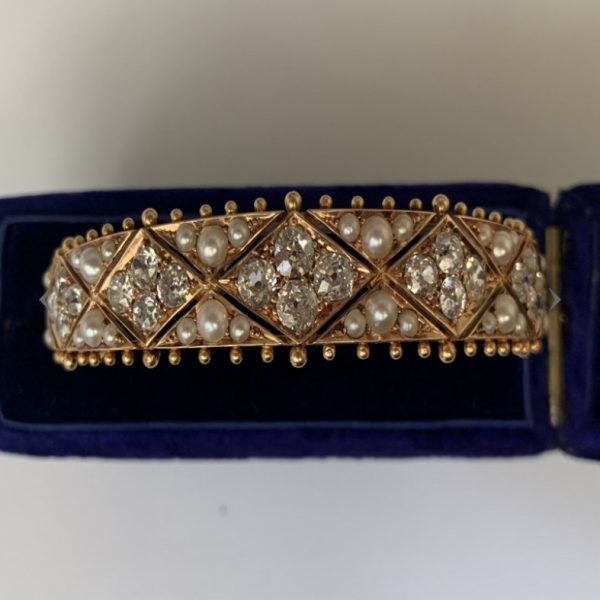 Antique Victorian Old Cut Diamond Pearl Gold Bangle Bracelet