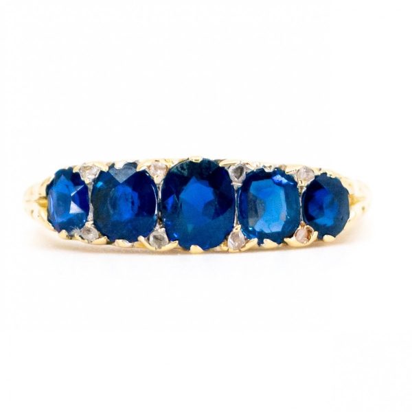 Antique Victorian Sapphire Five Stone Ring With Rose Cut Diamonds