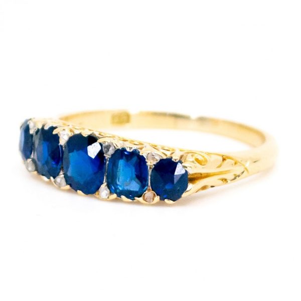 Antique Victorian Sapphire Five Stone Ring With Rose Cut Diamonds