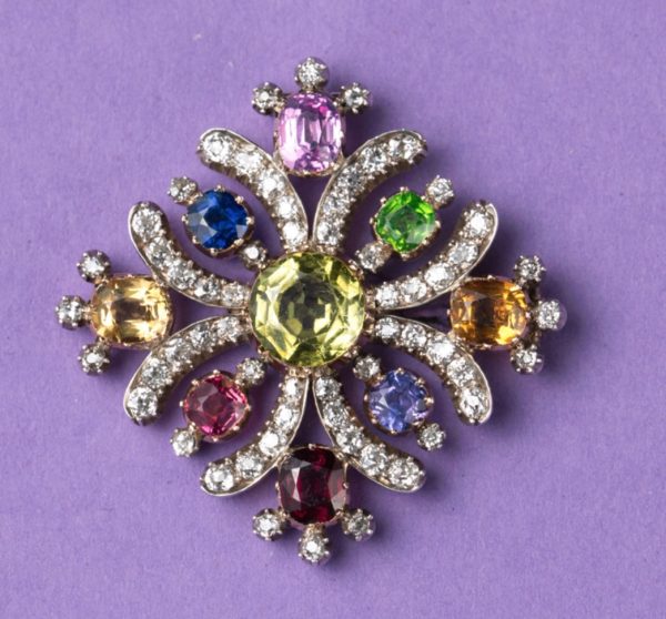 Antique 19th Century Harlequin Gem Set Maltese Cross Pendant Brooch
