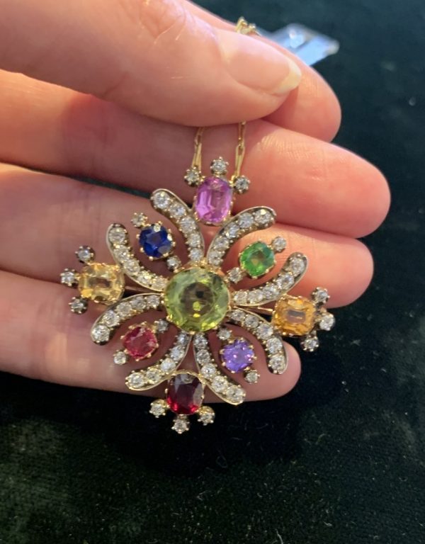 Antique 19th Century Harlequin Gem Set Maltese Cross Pendant Brooch