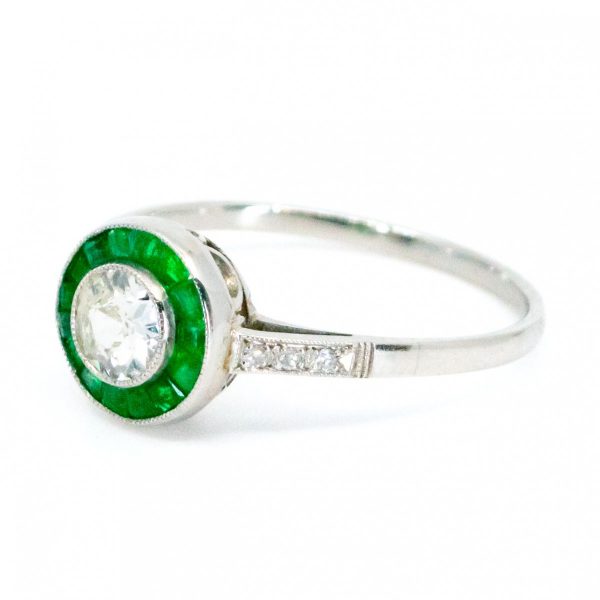 Art Deco Style Old Mine Cut Diamond Emerald Target Ring