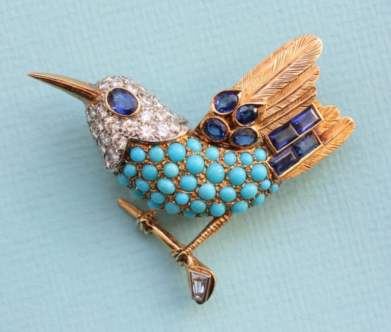 Cartier Vintage Turquoise, Diamond and Sapphire Bird Brooch, Signed