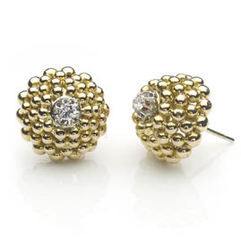 Diamond Set Domed Bobble Gold Earrings