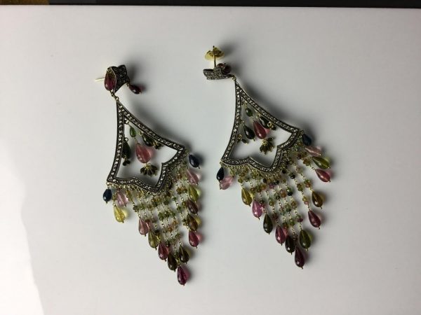 Dramatic Vintage Diamond and Tourmaline Chandelier Earrings