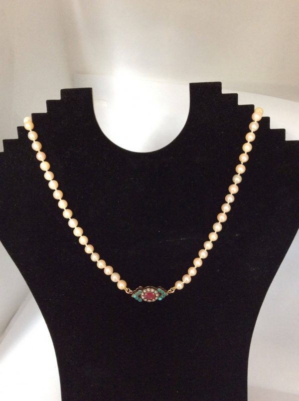 Antique Art Deco Ruby Turquoise and Pearl Set Pearl Necklace