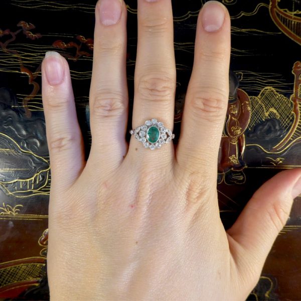 Edwardian Style Emerald and Diamond Oval Cluster Platinum Ring