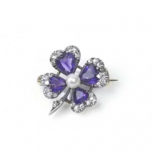 Antique Victorian Amethyst and Diamond Four-Leaf Clover Brooch