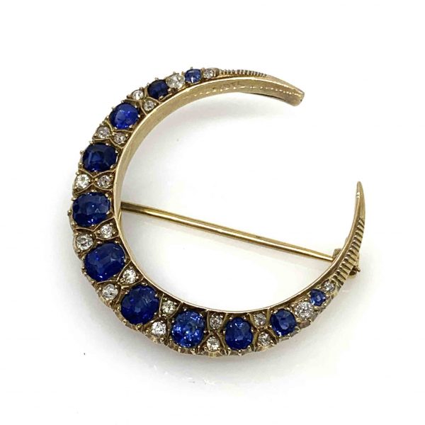 Antique Sapphire and Diamond Crescent Brooch, 4.5 carats Victorian and Edwardian