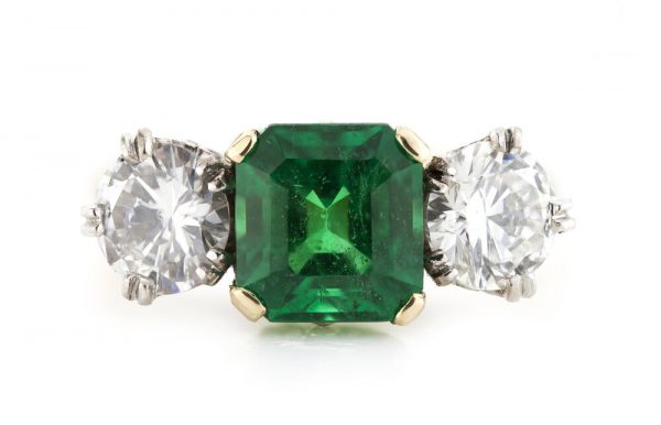 Vintage 2.2ct Natural Zambian Emerald and Diamond Three Stone Engagement Ring
