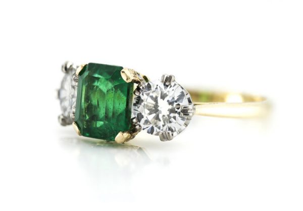 Vintage 2.2ct Natural Zambian Emerald and Diamond Three Stone Engagement Ring