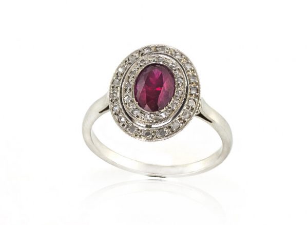 Antique French Art Deco Natural Ruby and Diamond 18ct White Gold Ring