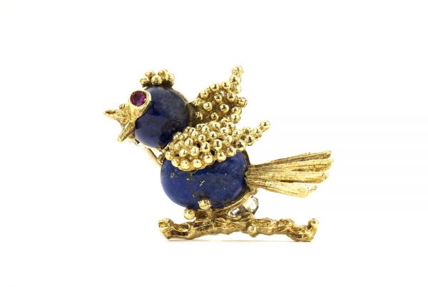 Vintage 1950s Lapis Lazuli Gold Bird Brooch