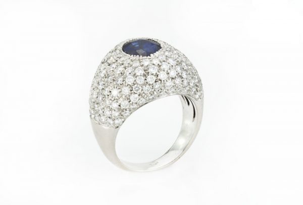 Natural Sapphire and Diamond Dome Ring, 18ct White Gold