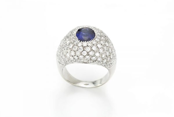 Natural Sapphire and Diamond Dome Ring, 18ct White Gold