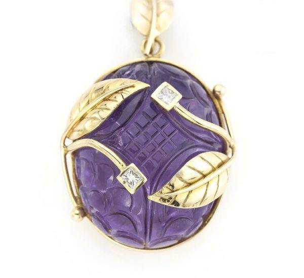 Vintage 140ct Carved Amethyst and Diamond Pendant, 18ct Gold