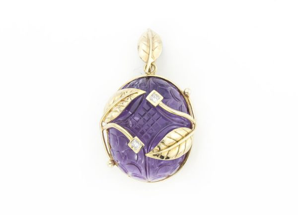 Vintage 140ct Carved Amethyst and Diamond Pendant, 18ct Gold