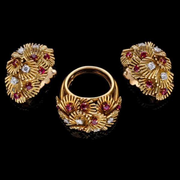 Van Cleef & Arpels Ruby and Diamond Earrings and Ring Set