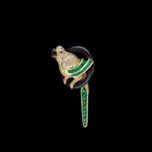 Vintage Diamond, Emerald and Onyx Gold Parrot Brooch