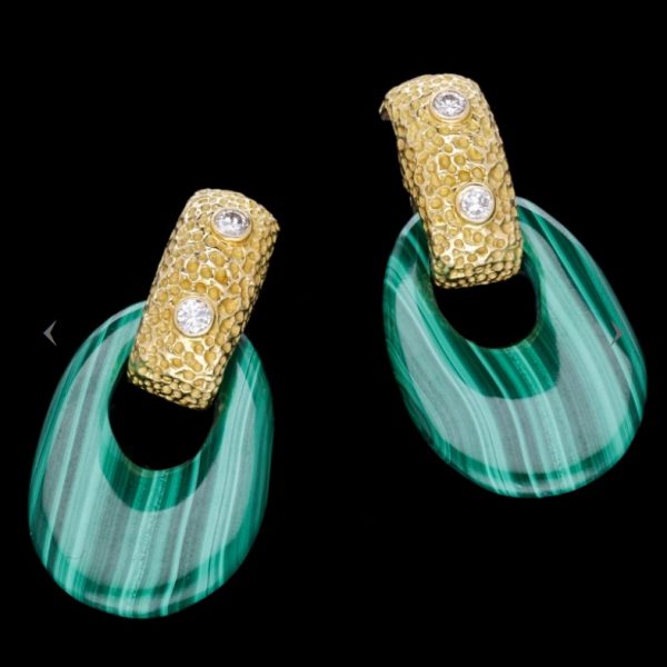 Vintage French Malachite Diamond Gold Earrings