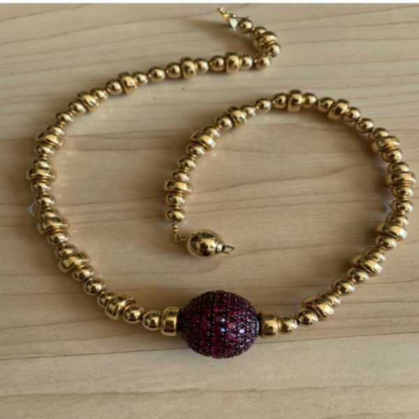 Vintage Ruby Pavé Set Ball and 18ct Gold Necklace