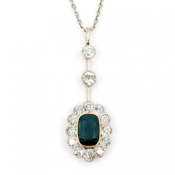 Vintage Sapphire and Old Mine Cut Diamond Drop Pendant