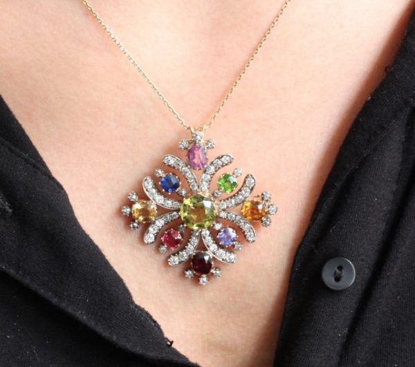 On model victorian diamond gemset pendant brooch 1840 colourful