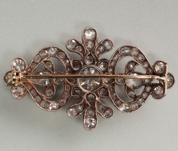 Antique Georgian Old Cut Diamond Brooch; exquisite openwork brooch set with old cut diamonds, 5.00 carat total, silver and gold. Circa 1850