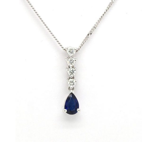Pear Cut Sapphire and Diamond Drop Pendant; a 0.44ct pear-shaped faceted sapphire, below four round brilliant cut diamonds, 18ct white gold