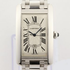 Cartier Tank Americaine Large size 18ct White Gold Automatic, Ref 2521, silver dial, Roman numerals, date indicator at 6, sapphire crystal, 18ct white gold bracelet with hidden clasp, with Cartier box and papers.