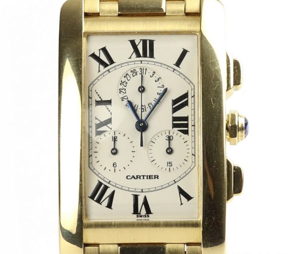 Cartier Gents Tank Americaine 1730 Chronograph 18ct Yellow Gold Quartz Rectangular Watch, white dial, Roman numerals, chronograph sub dials, sapphire crystal, faceted blue gem set crown, Cartier 18ct yellow gold bracelet with concealed double deployment clasp