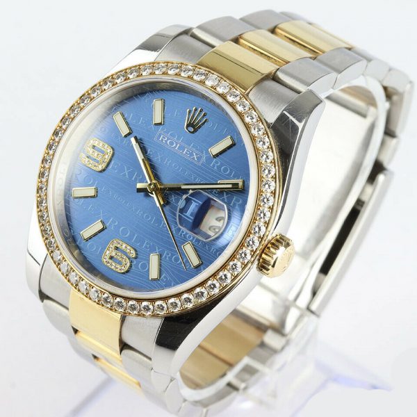 Rolex Mens Datejust 116243 Steel and Gold 36mm Automatic Watch, blue dial, diamond bezel, Two diamond Arabic numerals, screw-down crown, sapphire crystal, Oyster bracelet. With Rolex box and papers, tag and bezel protector.