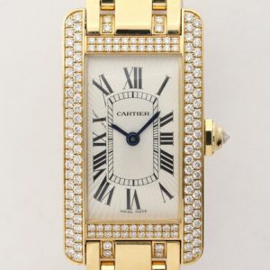 Cartier Tank Américaine 2482 Ladies Watch in 18ct Yellow Gold with Original Cartier Diamond Bezel and Bracelet, In very good condition and comes with Cartier box and papers.