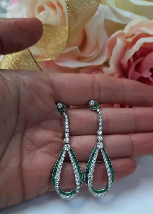 Pair of Calibre Emerald Diamond and Platinum Drop Earrings