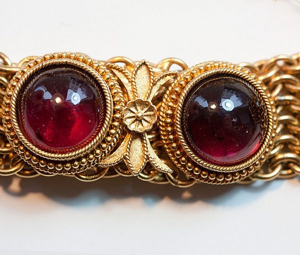Antique Georgian Neo Etruscan Garnet, Diamond and 18ct Gold Finely Woven Bracelet; in the style of Eugene Fontenay, Circa 1870, France.