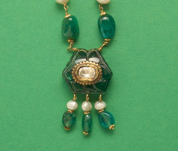 Antique Victorian Emerald, Diamond and 20ct Gold Necklace; emerald beads, pearls, Kundan set diamond in carved floral emerald pendant, India